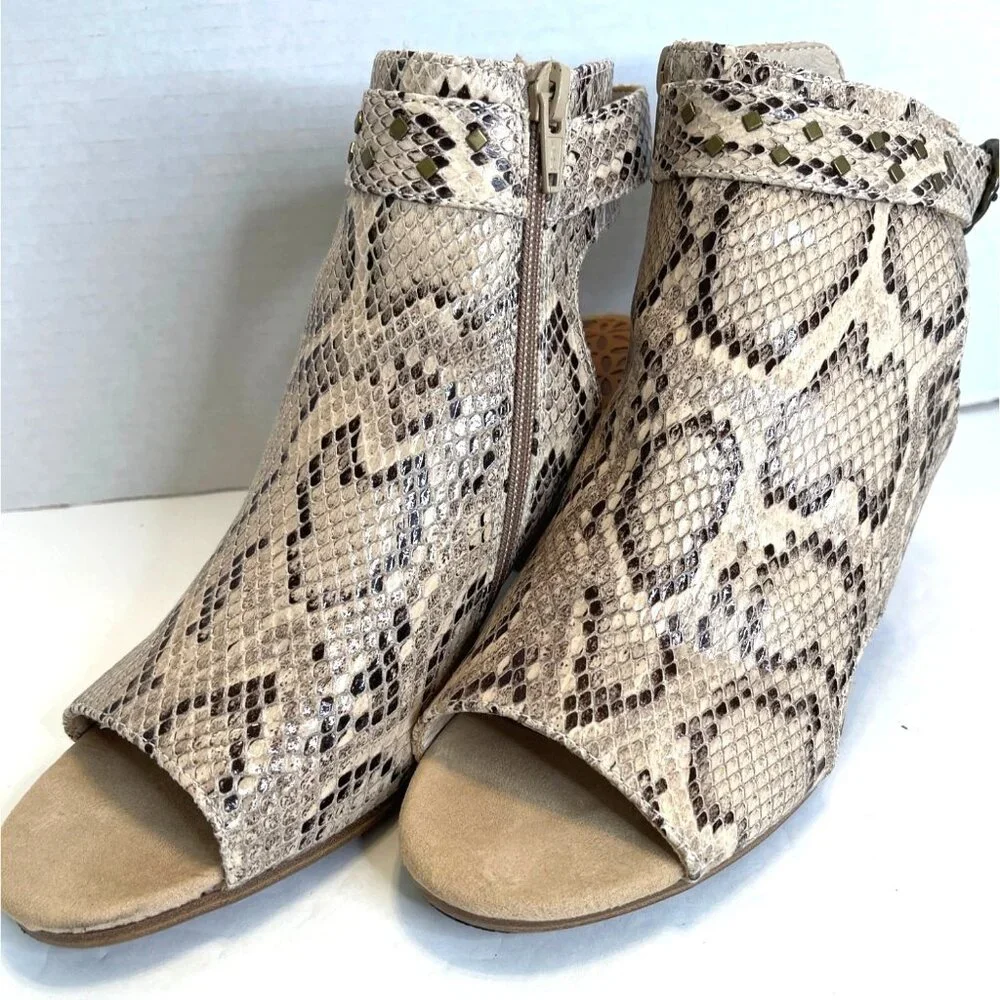 Snake Print Shoes Open Toe Fashion Classic Bootie Heel Sandals Brown Tan Sz 10M - Picture 6 of 16
